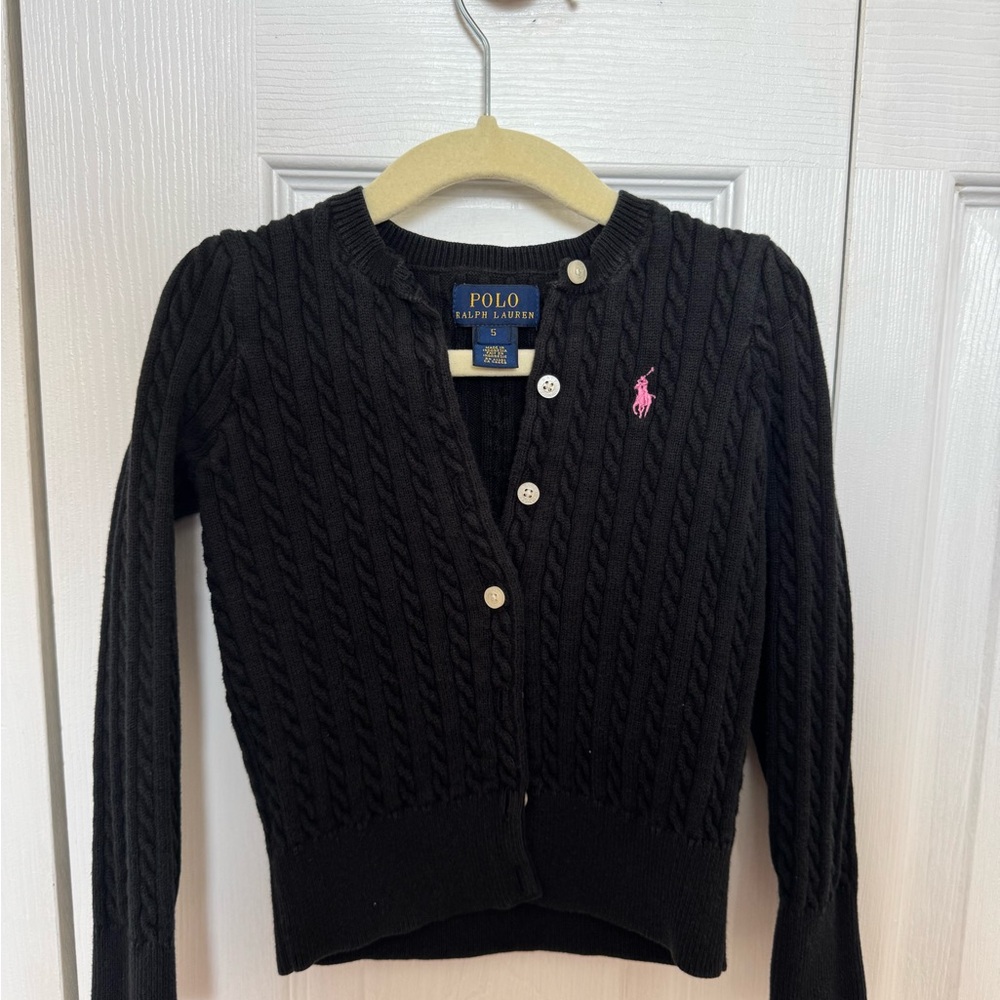 Polo by Ralph Lauren Black Cable Knit Cardigan with Pink Polo Pony